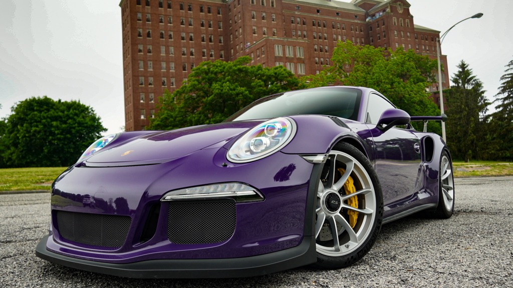 Porsche-GT3RS-Purple-Exterior-Front-Side-Profile-Long-Island-Exotic-Cars-For-Rent-